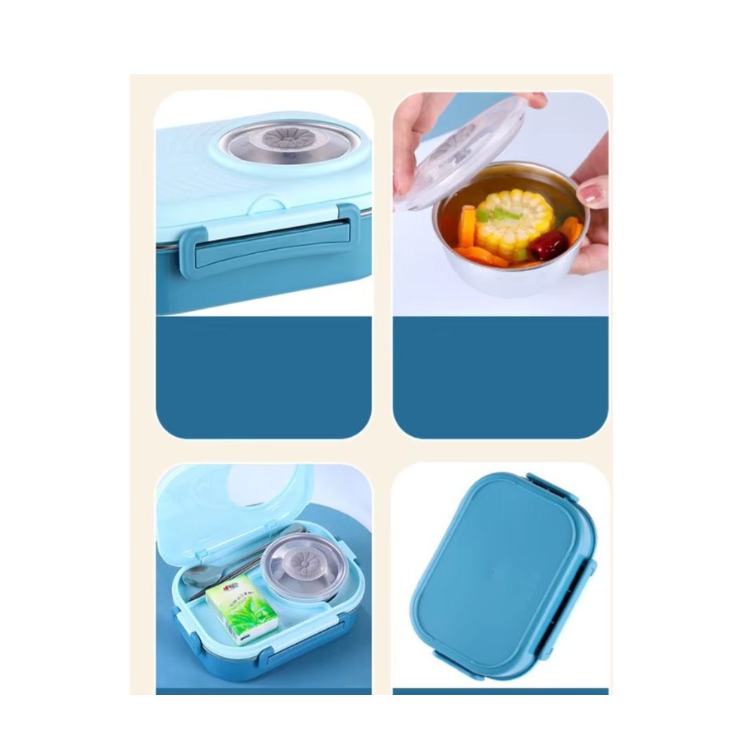Kids Lunchbox with Compartments, Spoon & Sauce Bowl