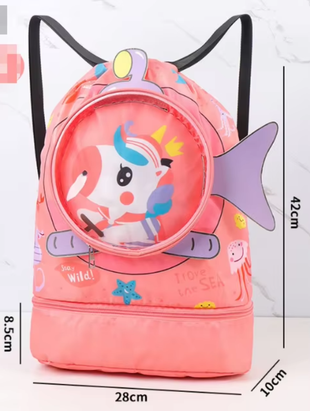 "Adorable unicorn-themed kids swim bag, perfect for carrying swimwear, towels, and goggles for pool or beach days."