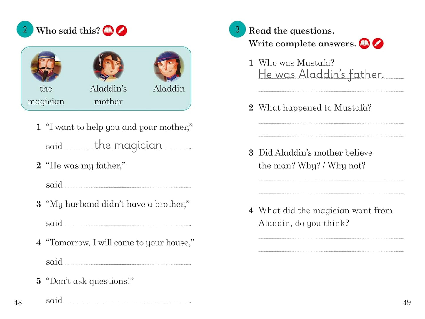"Educational page from ladybird reader Aladdin with questions"