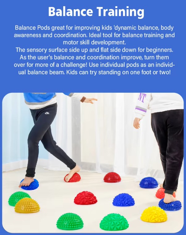 "Colorful balance pods on a floor with text describing their use for balance training"