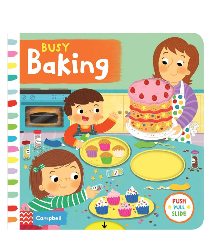 "Busy Baking Kids push, pull and slide Board Book Story at Eduzone International - Bookshop Tanzania"