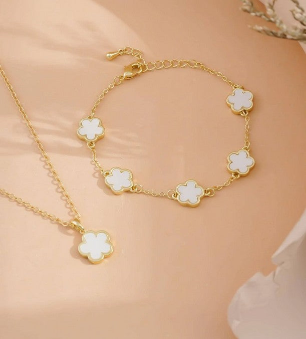 "White Clover Charm Necklace & Bracelet Set – Elegant Gift for Girls & Women"