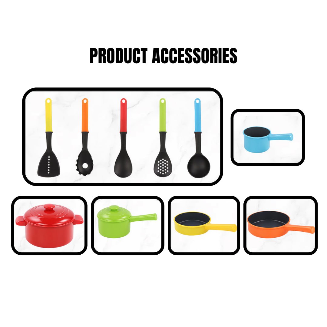 "Colorful kitchen cookware set for imaginative play"