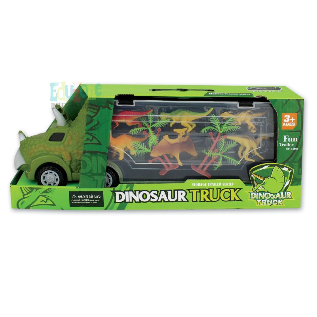 "Dinosaur toy truck with transparent trailer showing dinosaurs inside its packaging."
