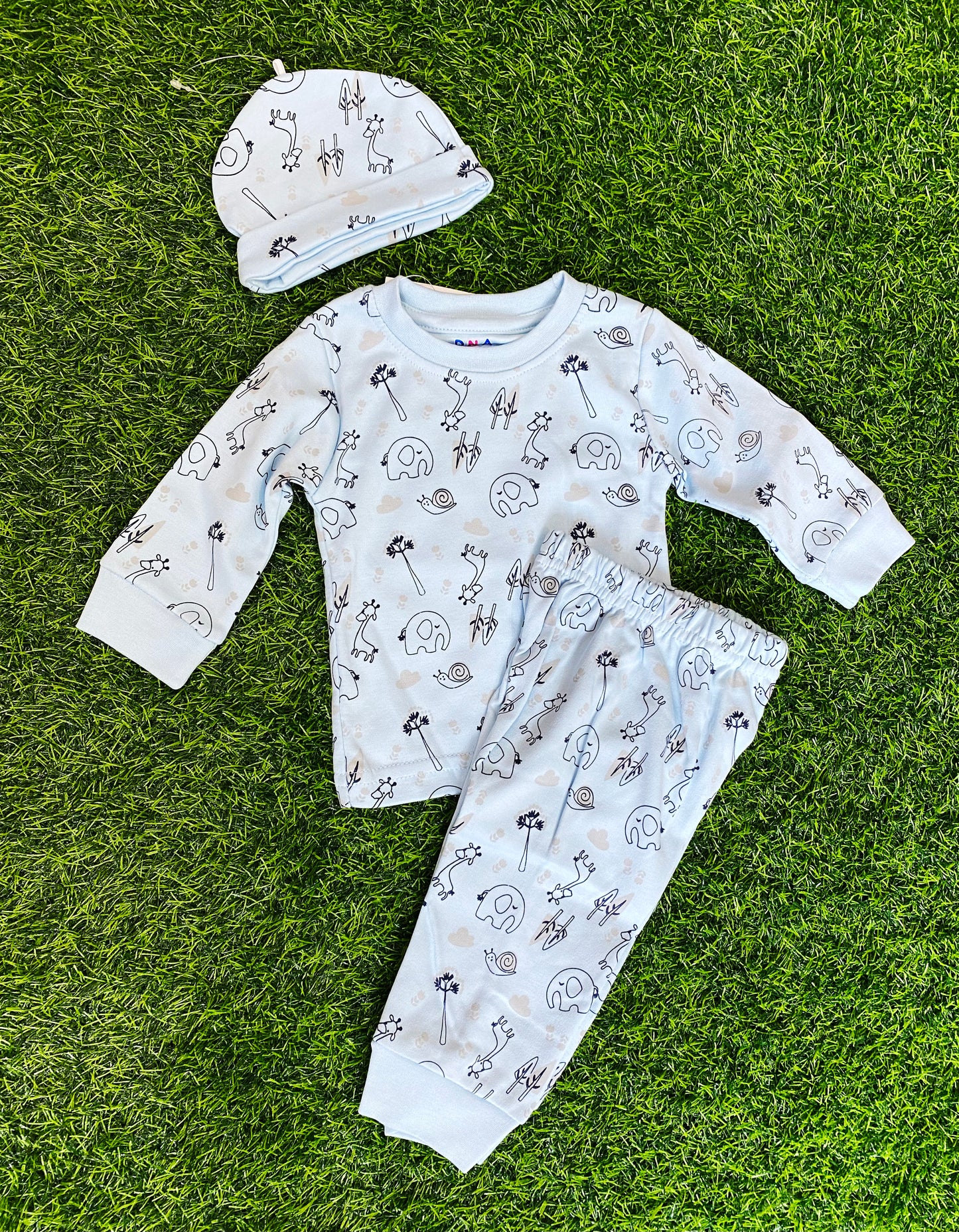 "Light Blue baby Pajama 3-6 moths- featuring a printed top, pants, and matching hat"