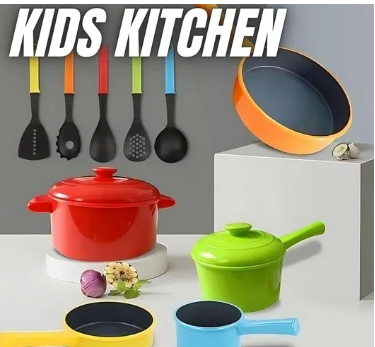 "Vibrant kids' kitchen cookware set with pots, pans, and utensils"