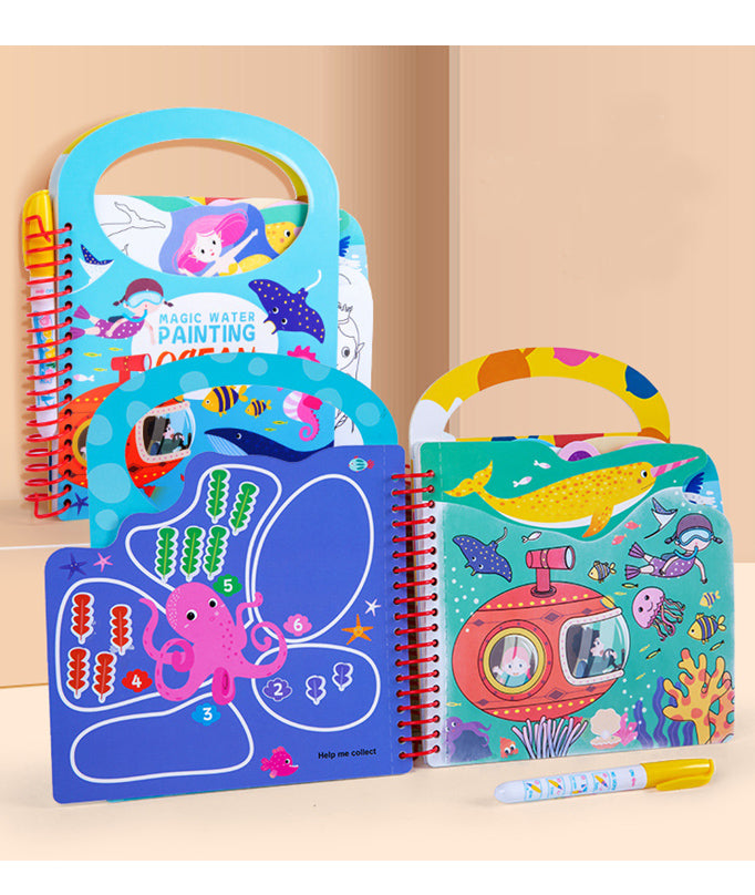 "Mess-free ocean-themed water painting book featuring sea animals and creative activities."