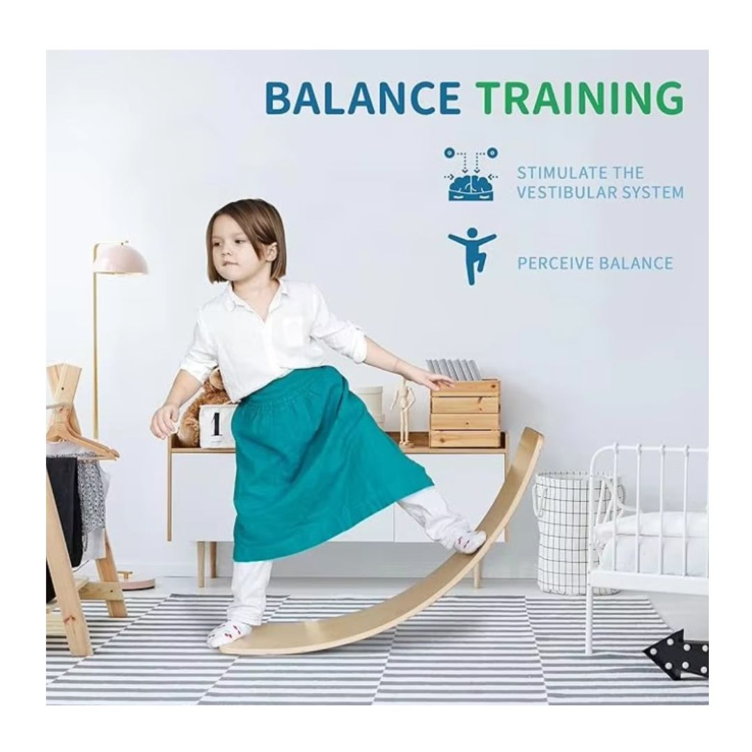 "Child on a balance board for balance training and vestibular system stimulation"