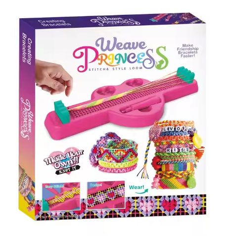 "A vibrant Weave Princess Bracelet Maker kit with tools, colorful threads, and completed bracelets, ideal for kids' crafts in Tanzania."