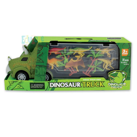 "Dinosaur toy truck with transparent trailer showing dinosaurs inside its packaging."