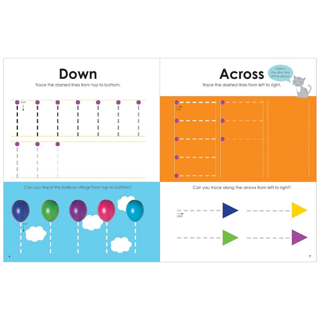 "A children's activity book spread showing tracing exercises. The left page has sections titled 'Down' and 'Across' with dotted guide lines, balloon colors, and arrow tracing"