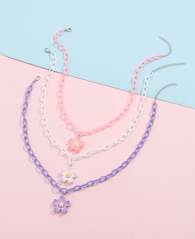 3pcs Girls' Resin Cherry Blossom Chain Necklace | Kids Fashion