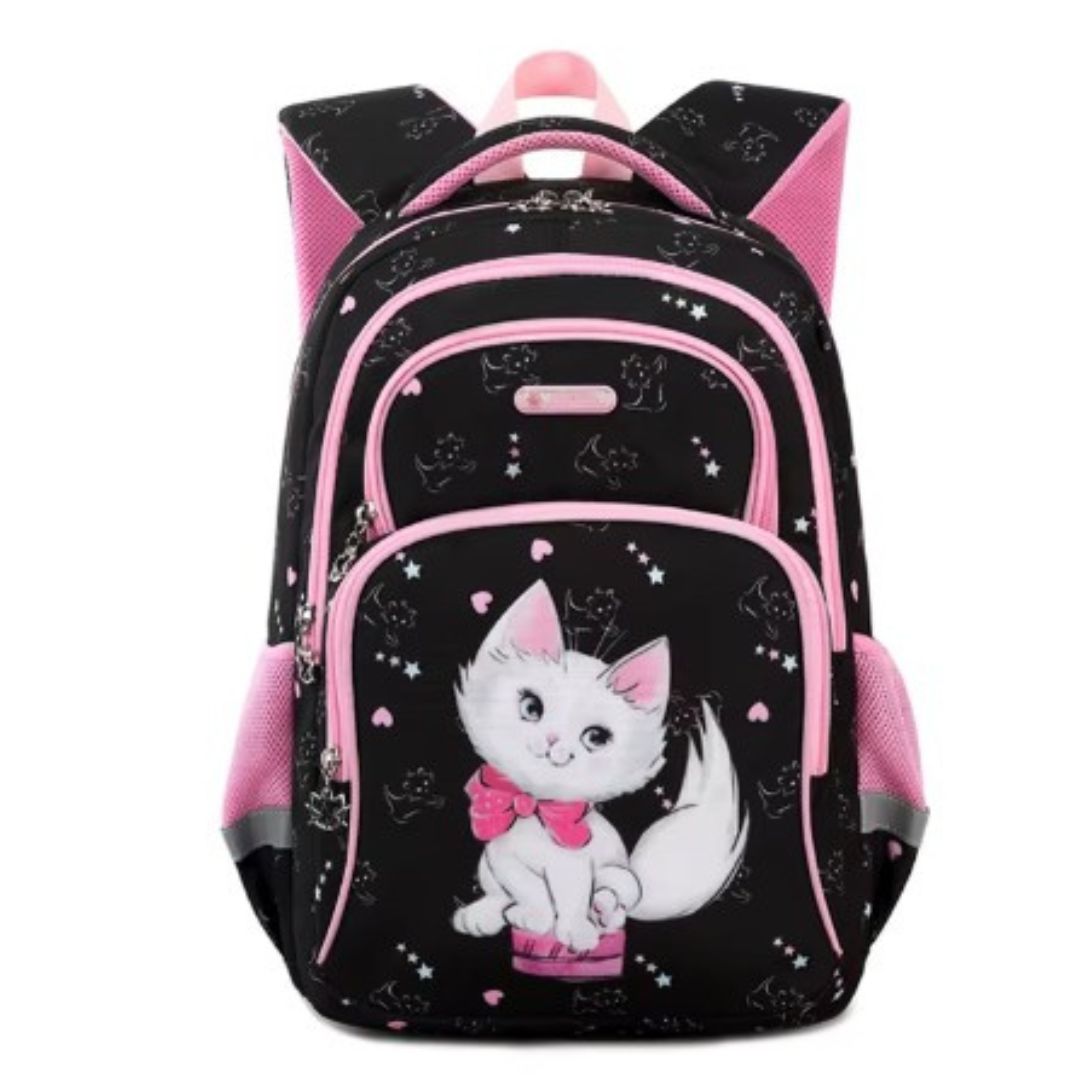 "A black and pink girls school backpack featuring a cartoon kitten illustration on the front pocket, set against a plain white background."