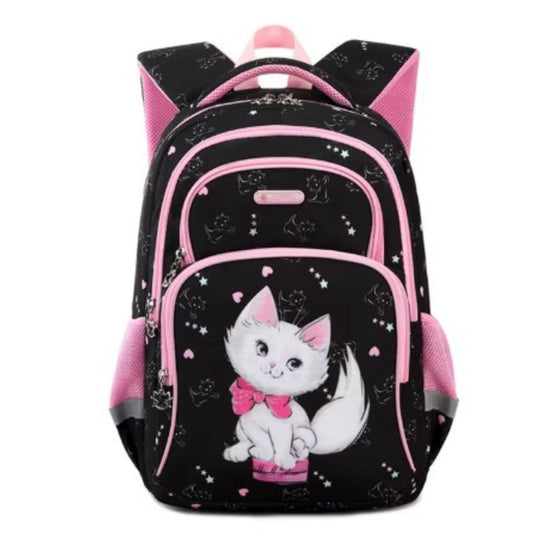 "A black and pink girls school backpack featuring a cartoon kitten illustration on the front pocket, set against a plain white background."