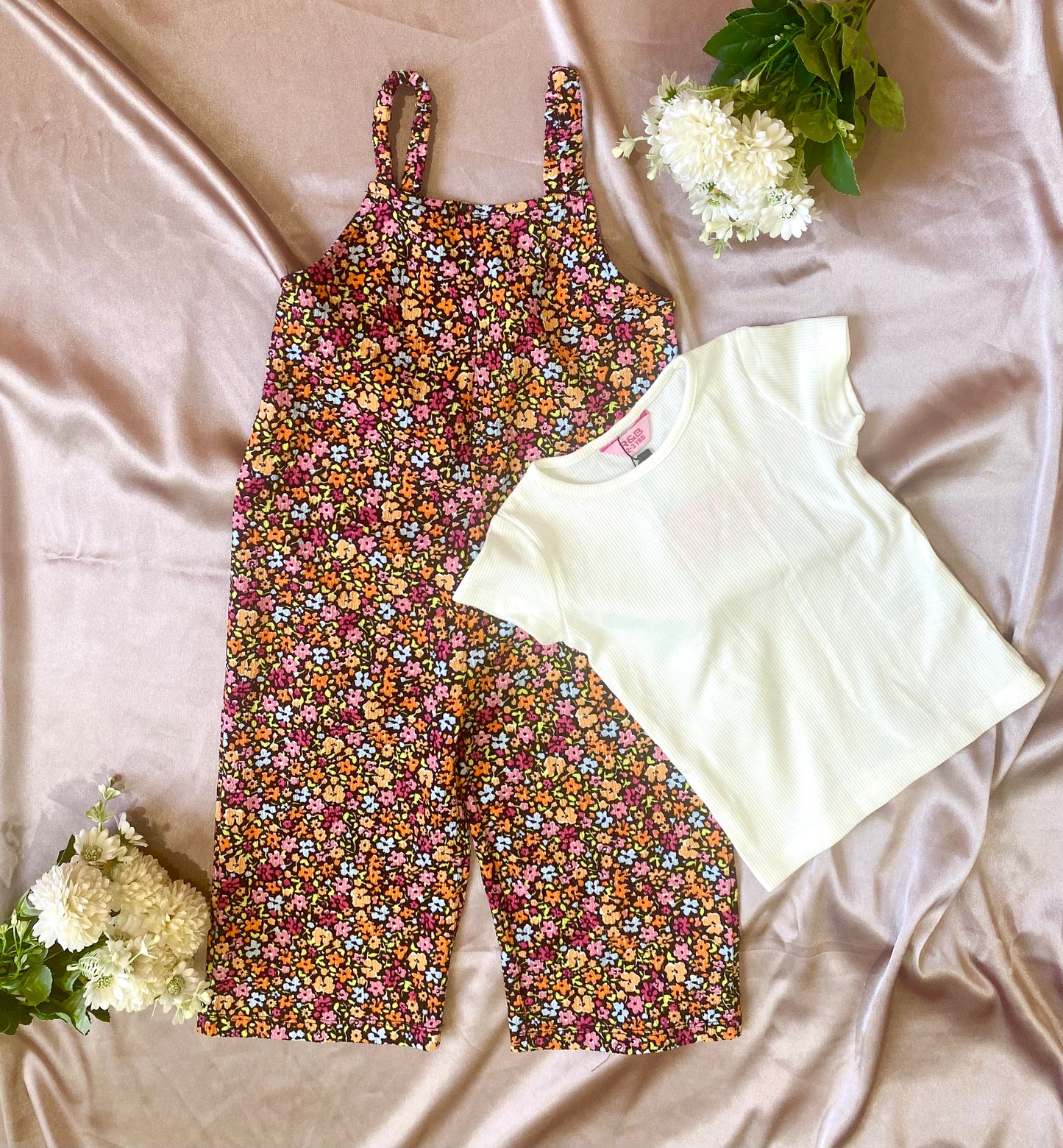 R and B Floral Sleeveless Jumpsuit with White T-shirt - Summer Outfit for 2-3 year olds