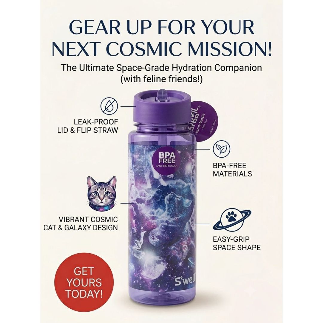 "Kids Cosmic Cat Print Water Bottle"