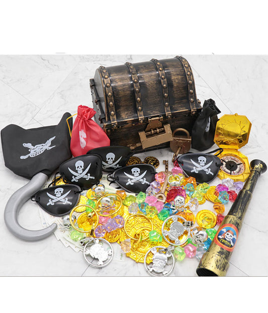 "Pirate treasure chest toy set with pirate accessories for kids."