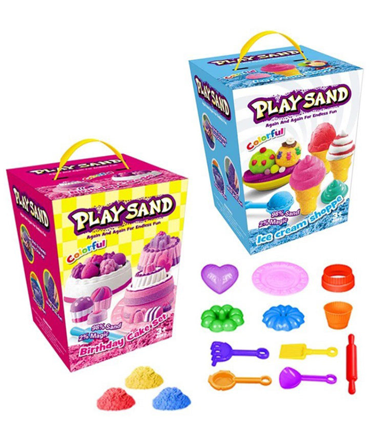 "Kinetic play sand set with colorful molds and tools for creative sensory play."