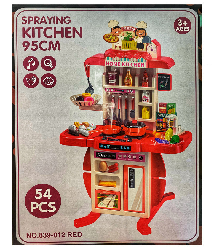 "54-piece kids' kitchen playset with realistic design, lights, and cooking accessories for imaginative play"