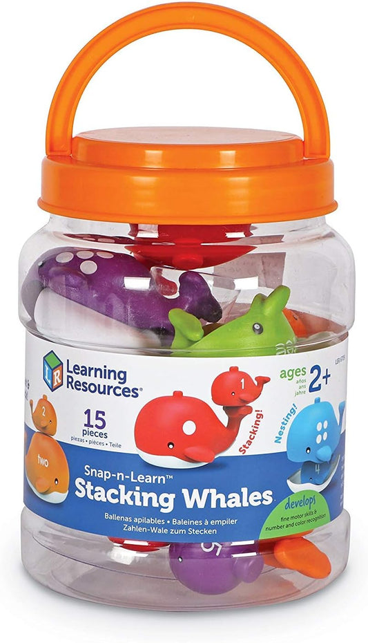 "Learning Resources Snap-n-Learn Stacking Whales toy set in a clear container"