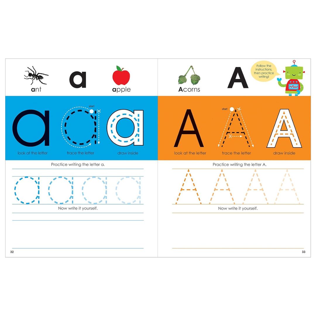 "A children's alphabet tracing and writing workbook page spread showing the letter 'a' on the left and the letter 'A' on the right, with example words, large letter samples, dotted tracing lines, and colorful panels"