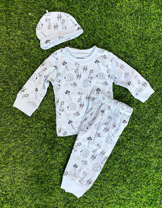 "Light Blue baby Pajama 3-6 moths- featuring a printed top, pants, and matching hat"