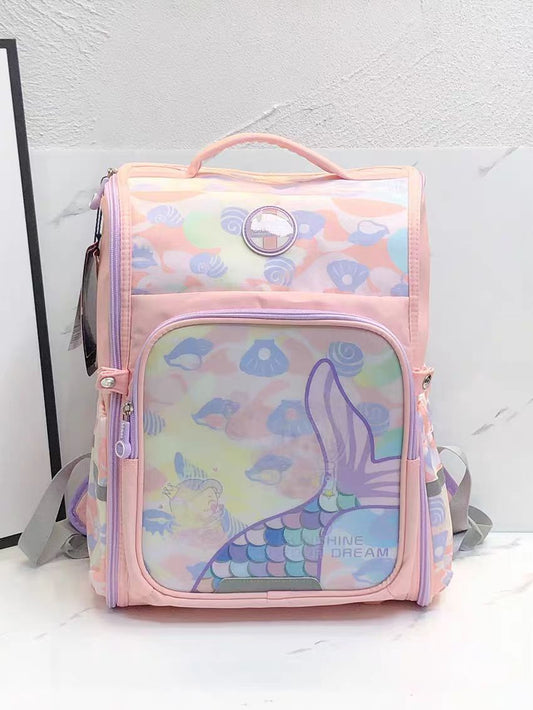 "Pink Mermaid tail design ergonomic kids' backpack with padded straps, perfect for school use."