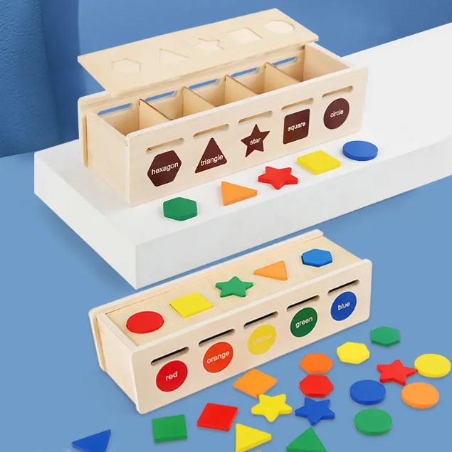 "wooden shape, color and pattern sorting toy with colorful geometric pieces and activity cards for kids’ learning and play."