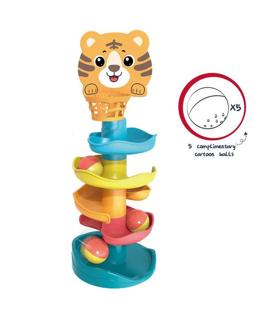 "Roll the Ball Tower toy with colorful tracks and rolling balls, designed for fun and skill-building play, available in Tanzania."