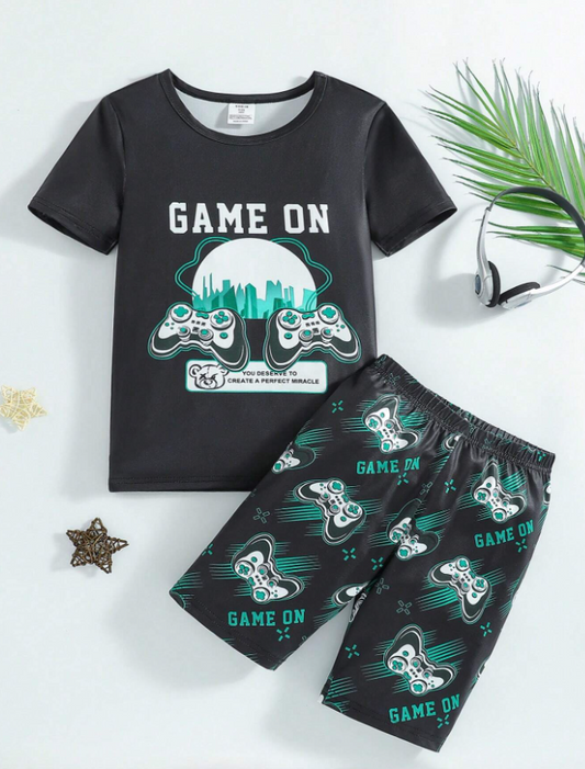 Boys' Fun Night Light Effect Game Console Pattern Round Neck Short Sleeve T-shirt and Shorts Set.