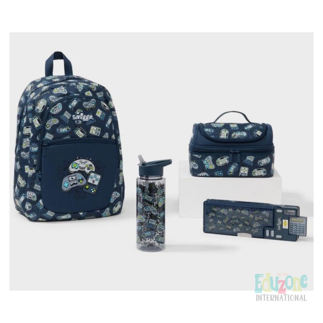 "Smiggle Bag Set includes a backpack, lunch box, water bottle, and snack bag"