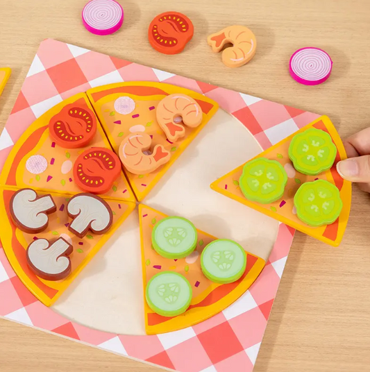 "Wooden pizza playset with toppings for kids’ pretend play"