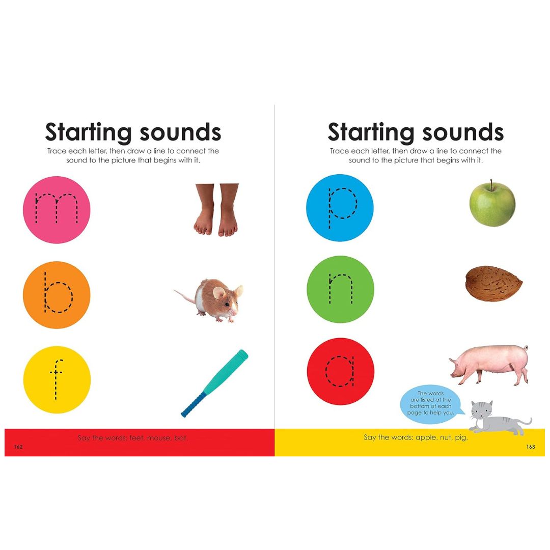 "A children's educational book spread showing two pages titled 'Starting sounds' with colorful circular letters, dotted tracing lines, and small pictures of a mouse, bat, pig, apple, and nut"
