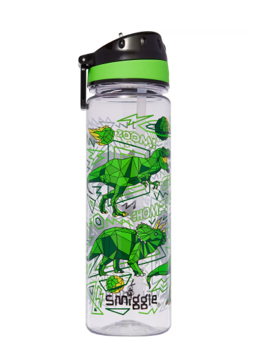 Smiggle water bottle with green dinosaur design"