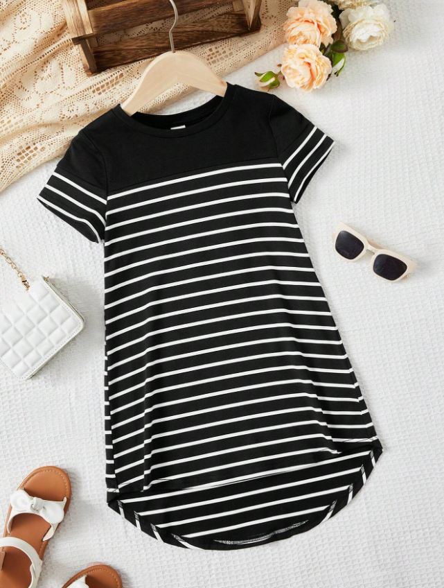 SHEIN Young Girl Striped Print Curved Hem Tee Dress