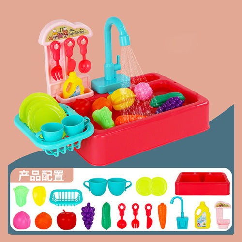 "Kids' kitchen wash basin with real water flow, and interactive features for creative play."